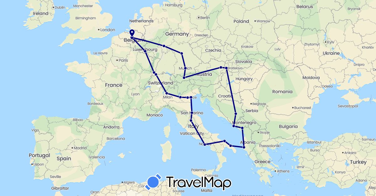 TravelMap itinerary: driving in Albania, Austria, Bosnia and Herzegovina, Belgium, Switzerland, Germany, France, Croatia, Italy, Luxembourg, Montenegro, Slovakia, San Marino (Europe)